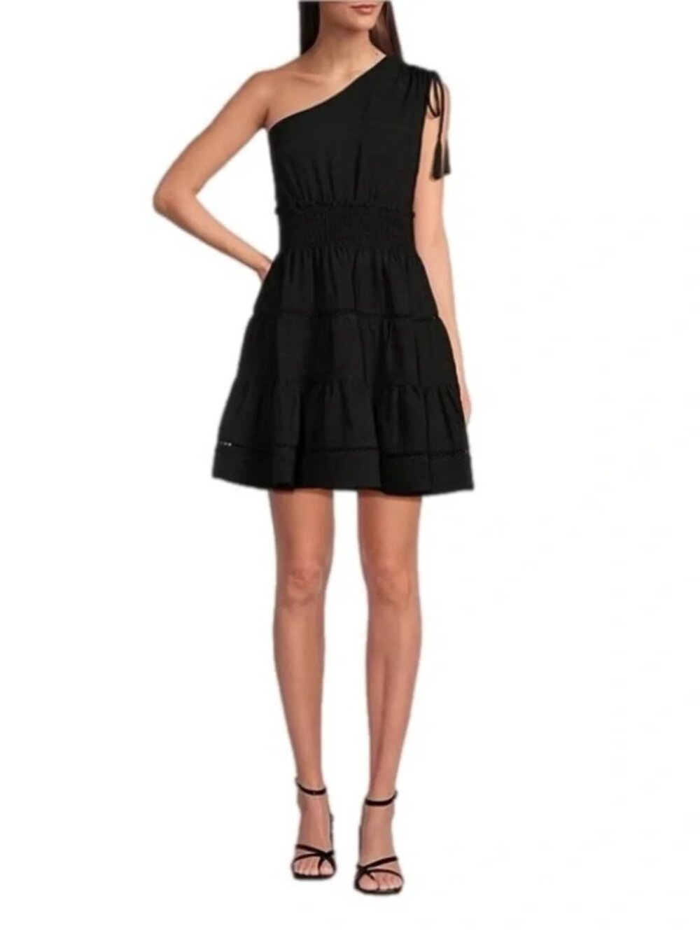 Taylor One-Shoulder Seersucker Fit & Flare Black Dress New, Size M